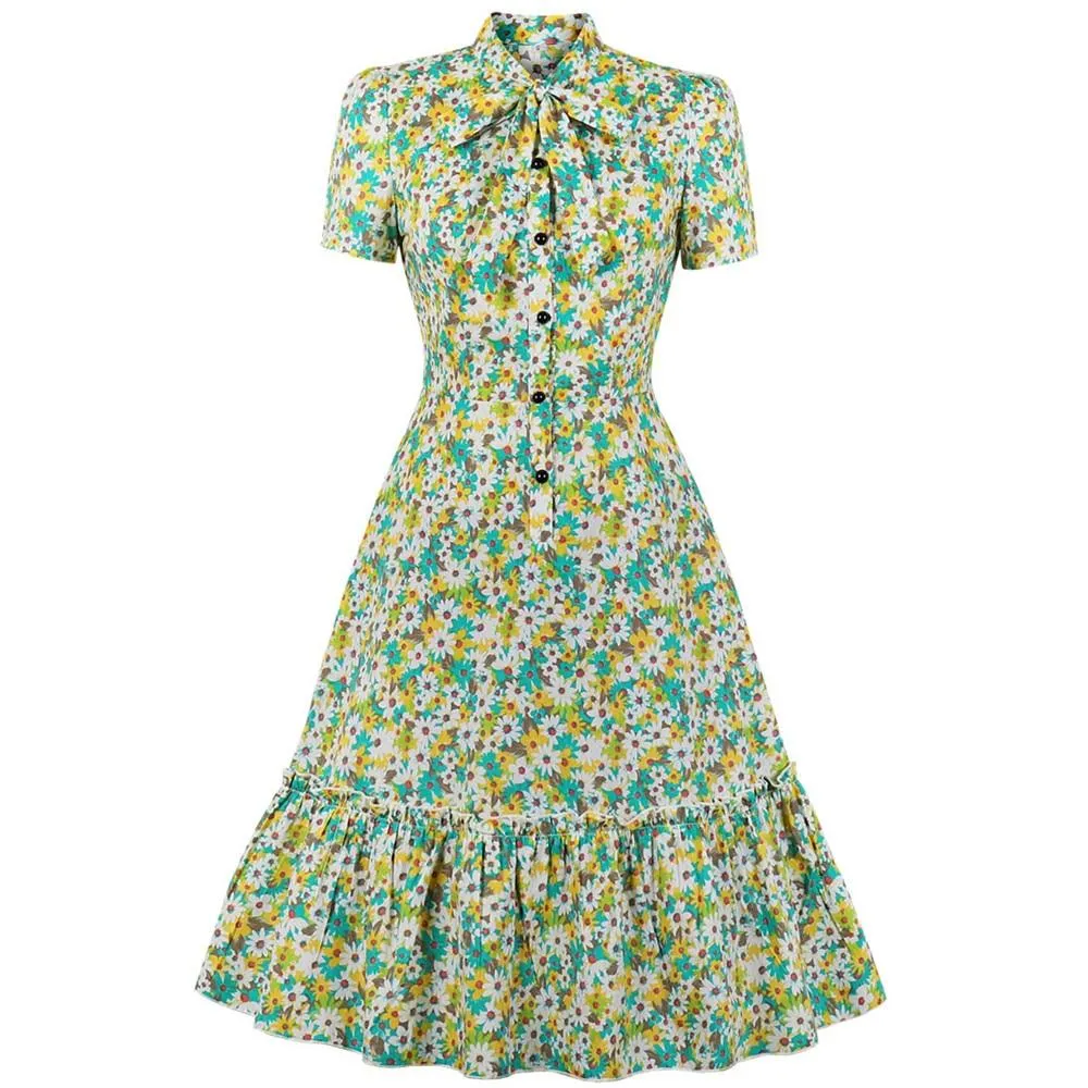 2023 Elegant Summer Women Party Dress Floral Bohemian Beach Y2K Aline Button Front Ruffle Shirt Sundress Green Pink Clothing 50s