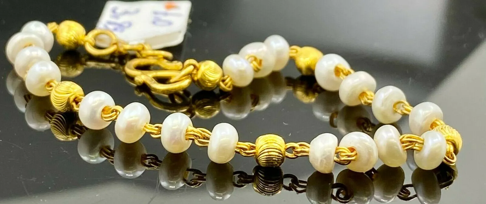 22k Bracelet Solid Gold Children Jewelry Simple Pearl and Beads Design CB1156