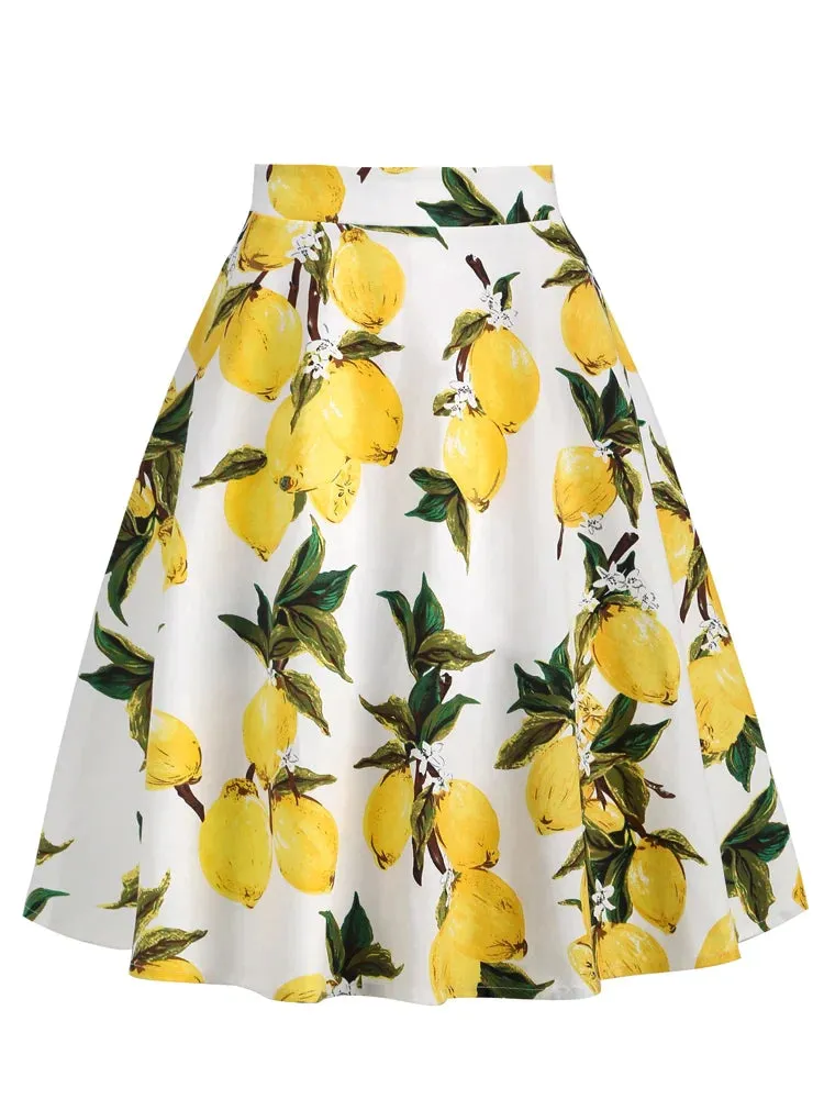 50s Pinup Lemon Print Retro Skirt 95% Cotton Women Summer Female Elegant Long Skirt Vintage Clothing