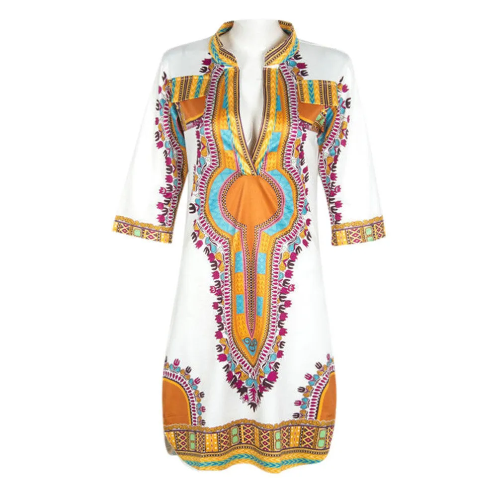 African Women Clothing White Dashiki Dress Succunct African Tr itional Print V Neck Dashiki Dress For Women SM6