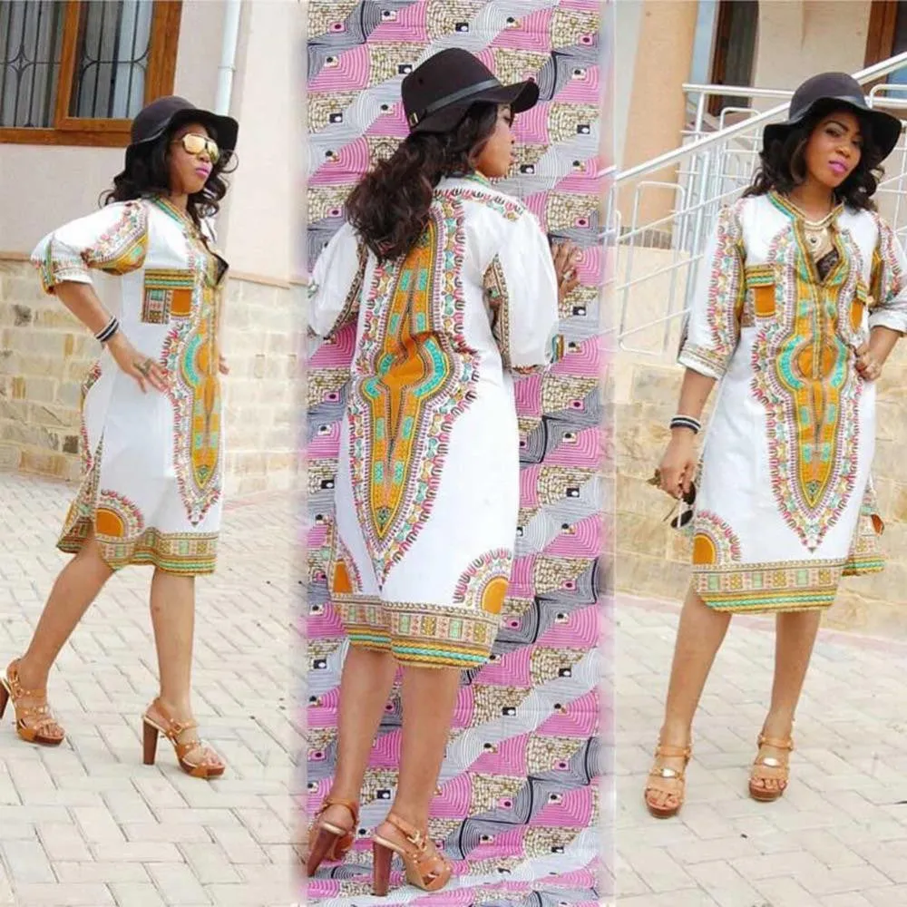 African Women Clothing White Dashiki Dress Succunct African Tr itional Print V Neck Dashiki Dress For Women SM6