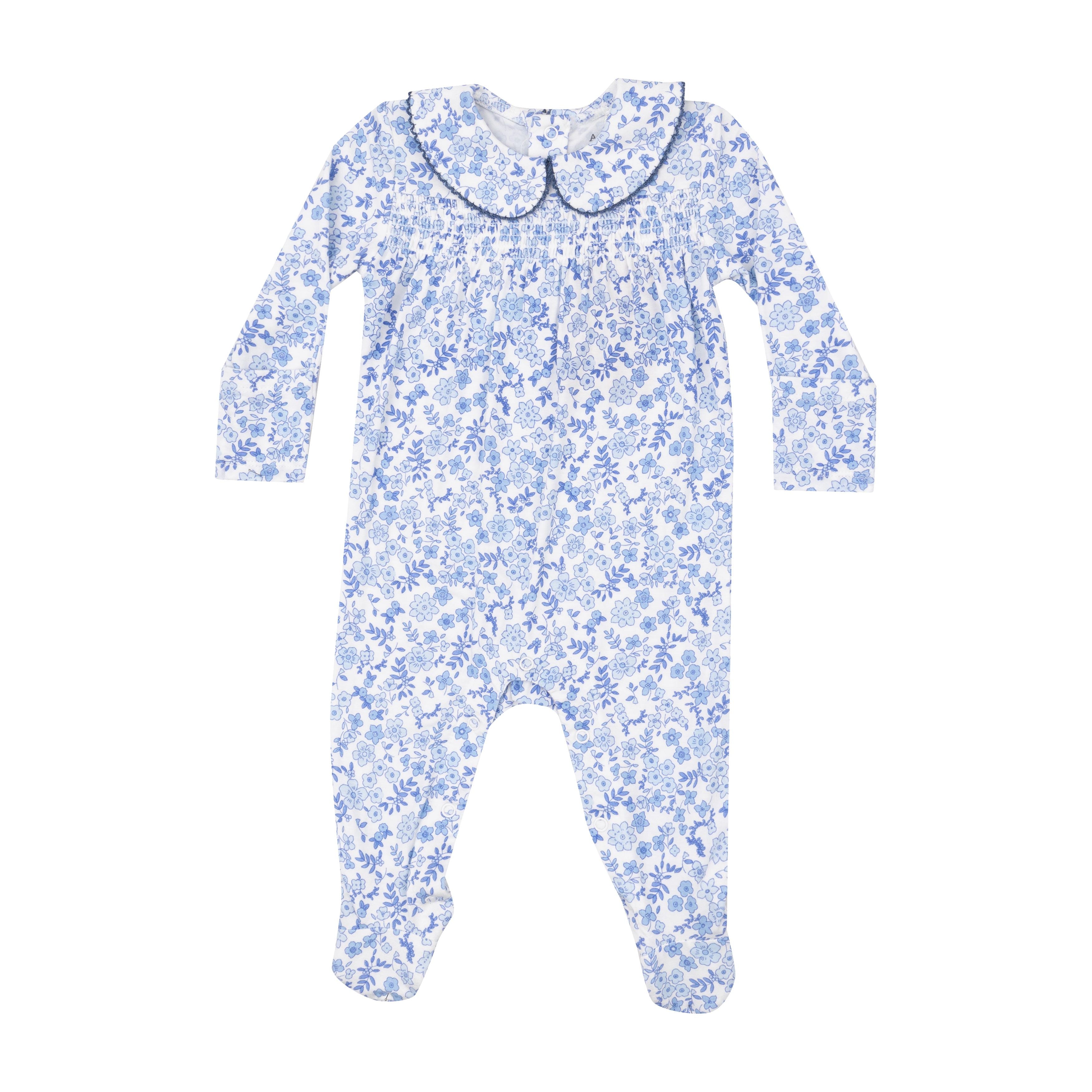 Angel Dear - Blue Calico Floral Smocked Peter Pan Footie