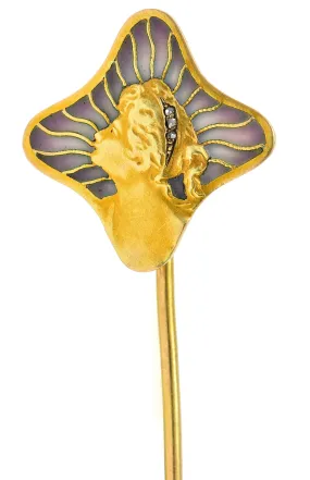 Art Nouveau Diamond Plique-A-Jour Enamel 18 Karat Yellow Gold Gibson Girl Stickpin