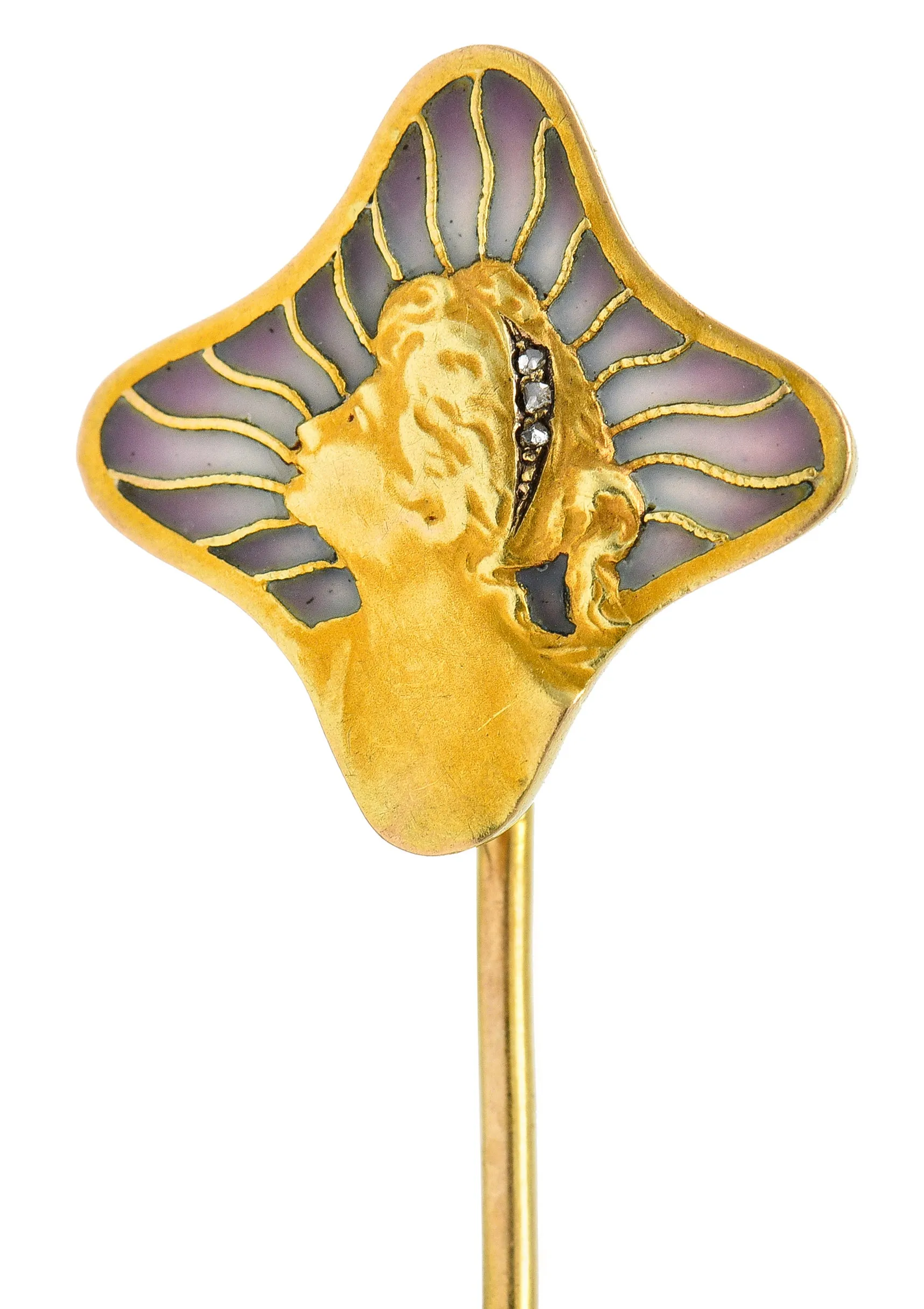 Art Nouveau Diamond Plique-A-Jour Enamel 18 Karat Yellow Gold Gibson Girl Stickpin