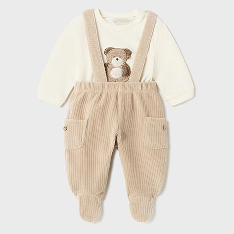 Beige Bear Graphic Overalls Outfit