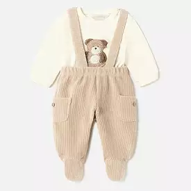 Beige Bear Graphic Overalls Outfit