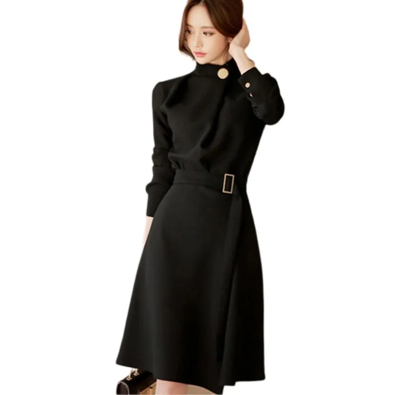 Belted Dress Women Spring Autumn Elegant Vantage Long-Sleeve Office Lady Vestido Clothing Robe