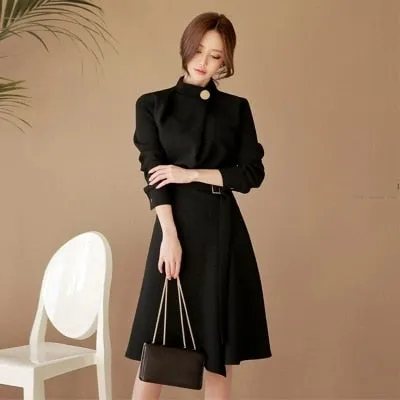 Belted Dress Women Spring Autumn Elegant Vantage Long-Sleeve Office Lady Vestido Clothing Robe