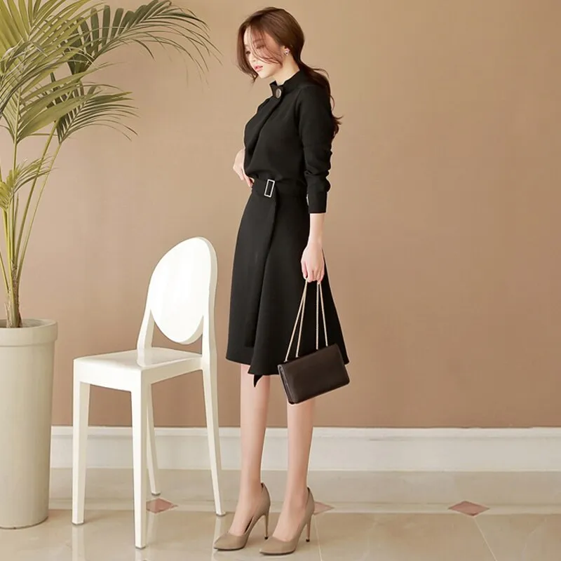 Belted Dress Women Spring Autumn Elegant Vantage Long-Sleeve Office Lady Vestido Clothing Robe