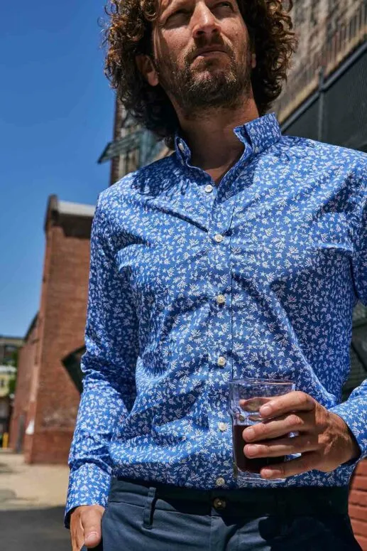 Comfortable Men's Shirt in Dark Navy Micro Floral Print - Woodies Clothing