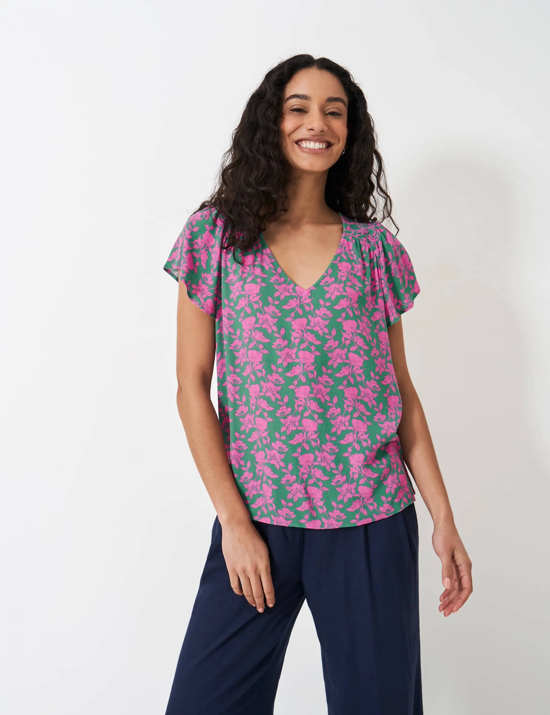 Crew Clothing Women's Floral Frill Sleeve Top - 12 - Green Mix, Green Mix