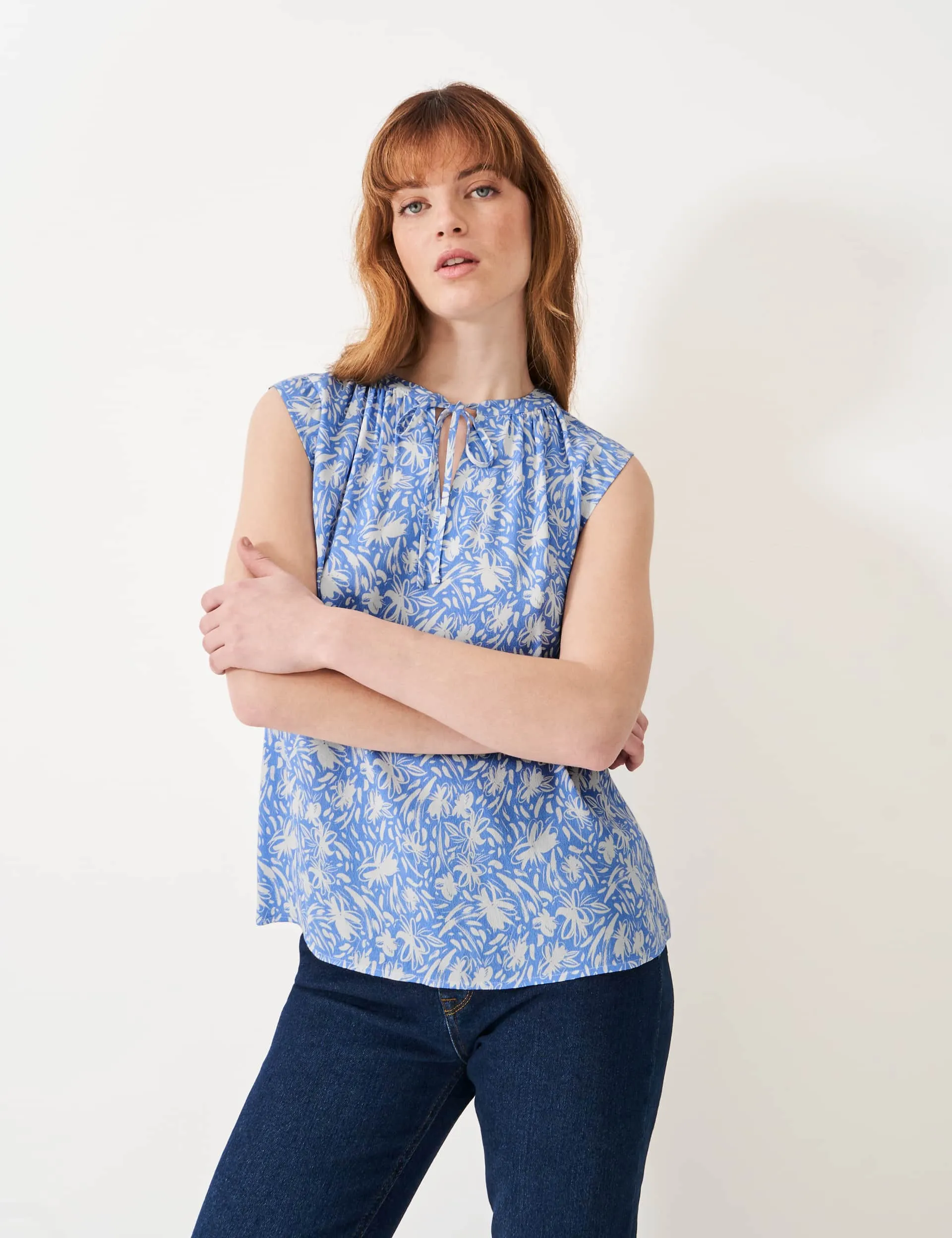 Crew Clothing Women's Floral Print Top - 12 - Blue Mix, Blue Mix