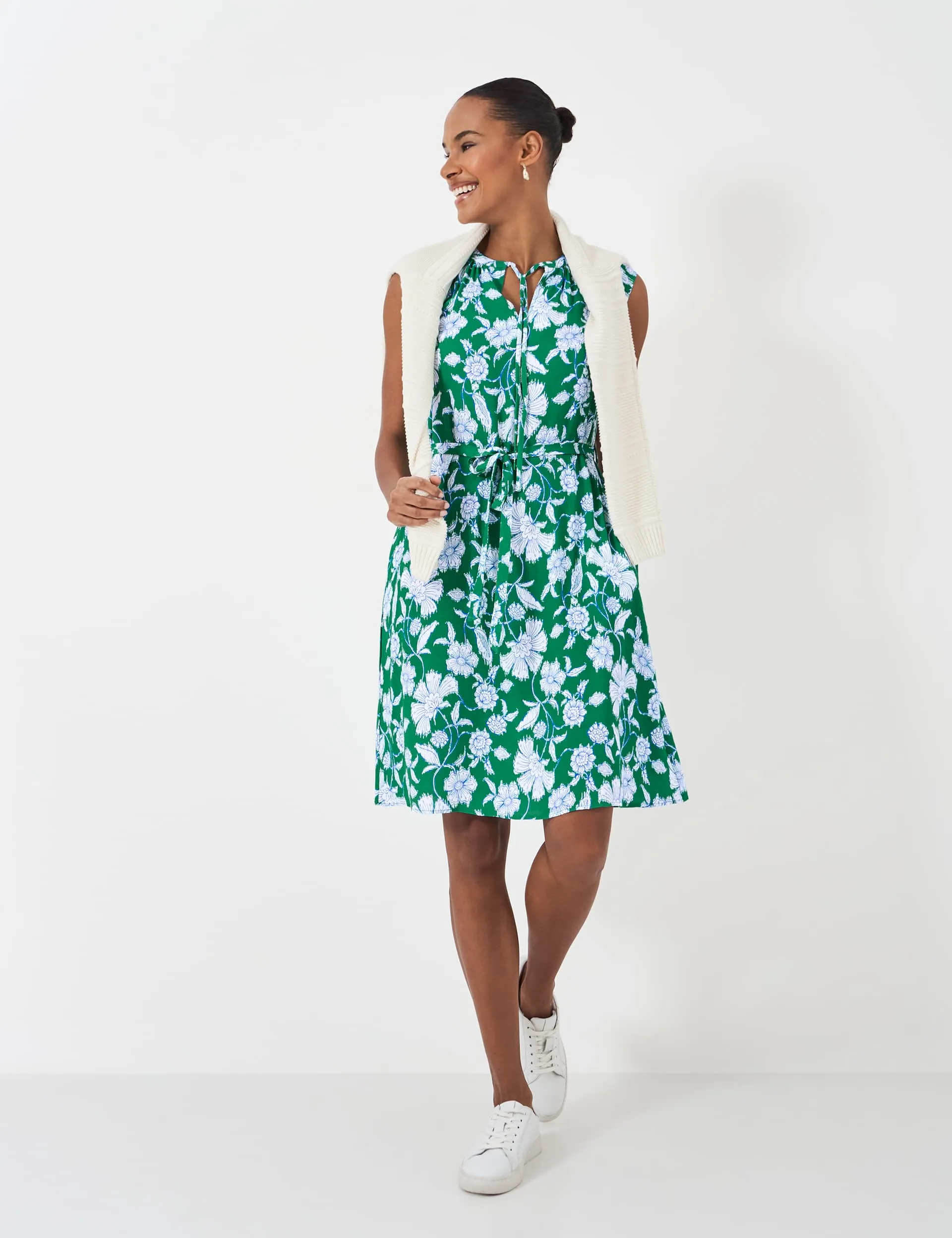 Crew Clothing Women's Floral Tie Neck Tie Waist Shift Dress - 12 - Green Mix, Green Mix