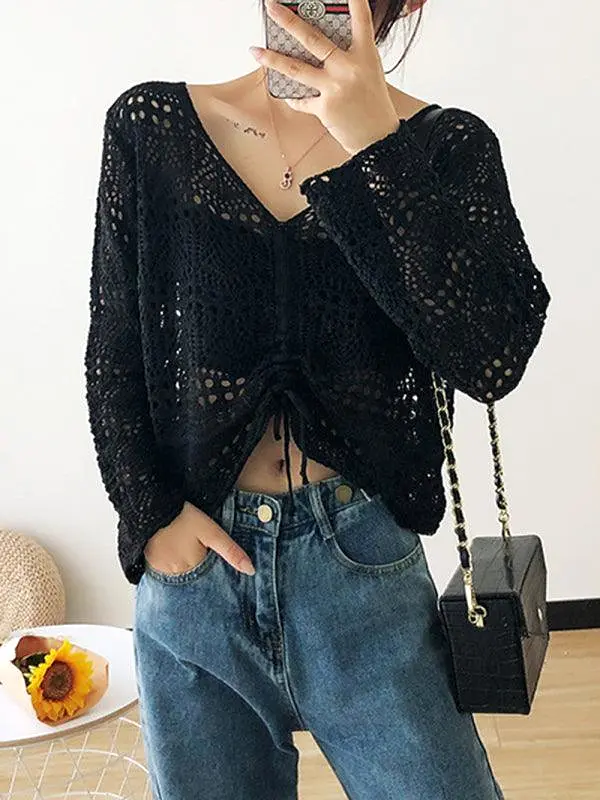 Drawstring Mesh Summer Women Crop Top