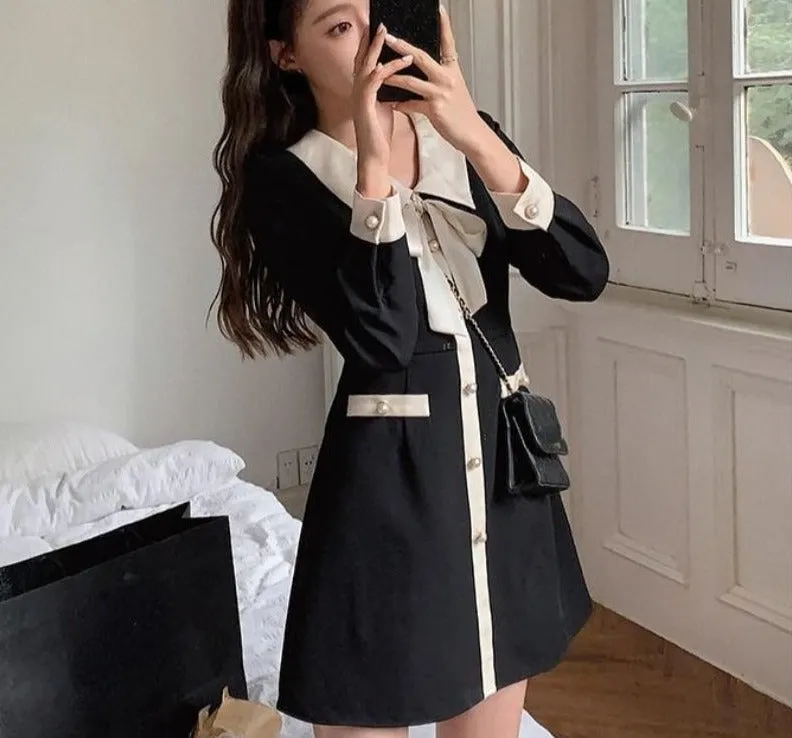 Elegant One Peice Dress Korean Fahsion Bow Y2k Mini Dress Women Party 2021 Winter Black Vintage Dress Bandage Kawaii Clothing