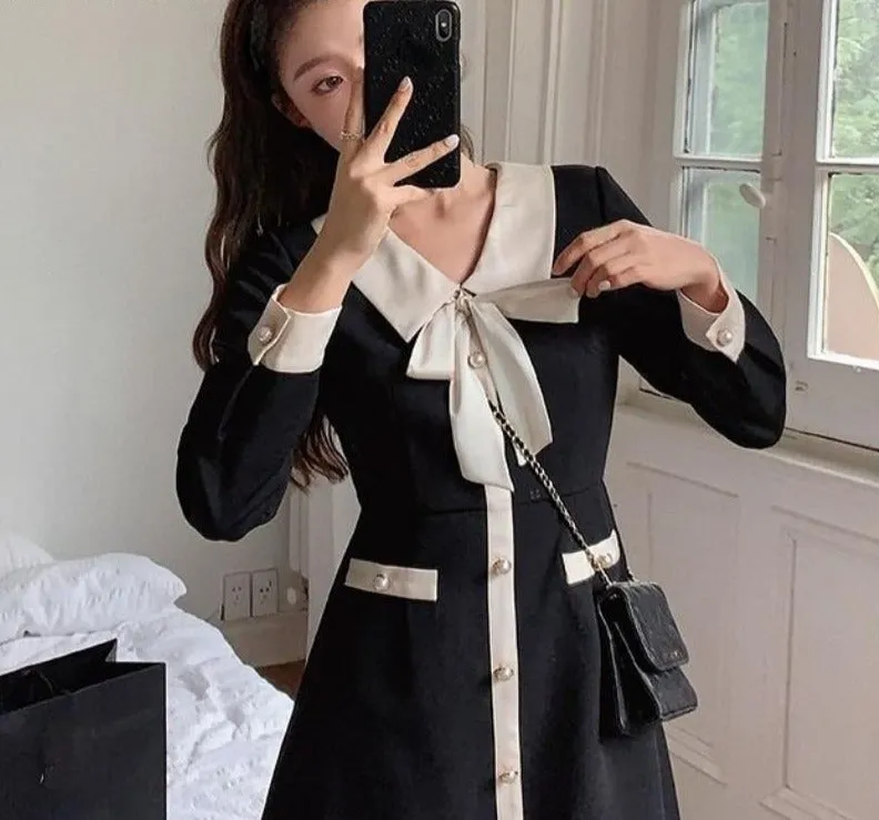 Elegant One Peice Dress Korean Fahsion Bow Y2k Mini Dress Women Party 2021 Winter Black Vintage Dress Bandage Kawaii Clothing