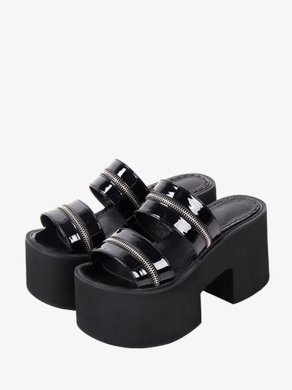 Gothic Lolita Sandals Round Toe Patent PU Upper Black Lolita Summer Shoes