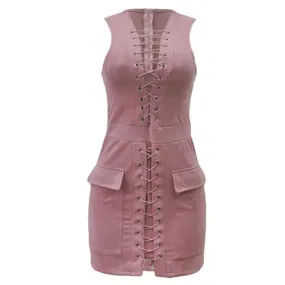 High Quality Pink Long Sleeve Suede Sleeveless Bandage Bodycon Sexy Club Party Dresses Ladies Women Clothing  Style 1207# GS