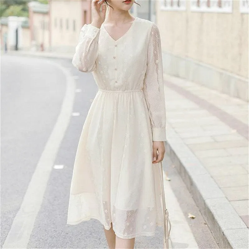 Lace Elegant Dress Women Long Sleeve Casual Fairy Dress Sweet V-Neck Belt Female Korean Style Clothing Autumn Office Lady