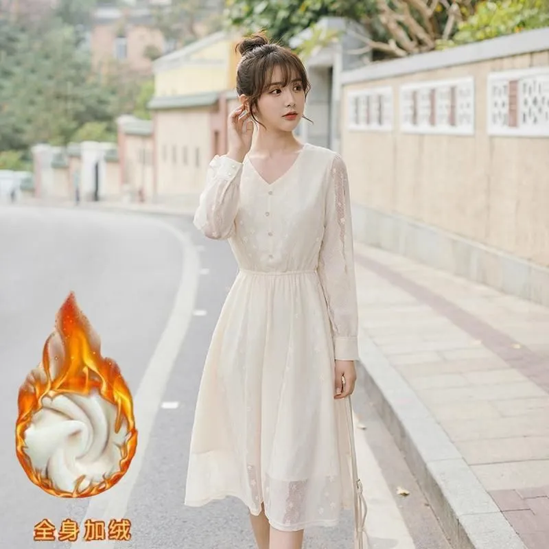 Lace Elegant Dress Women Long Sleeve Casual Fairy Dress Sweet V-Neck Belt Female Korean Style Clothing Autumn Office Lady