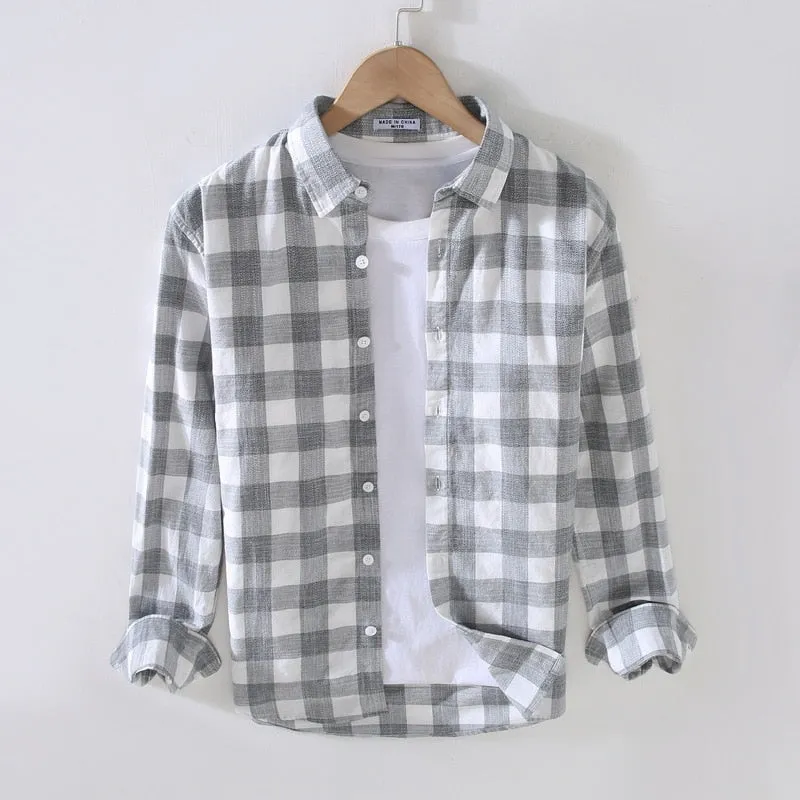 Men Clothing Autumn New Japanese Style Fresh Plaid Long-sleeved Shirt Men's Casual Loose Lapel Trend Men's Shirt