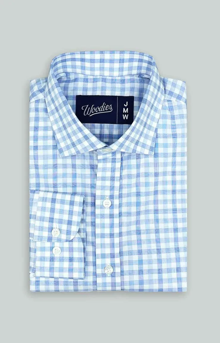 Men's Easy Care Shirt in Light Blue Gingham Check - Woodies Clothing