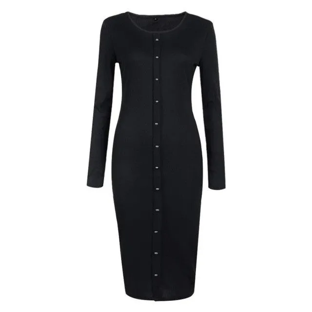 New Fashion  Women Long Sleeve Round Neck Knitted Button Bodycon Dress Women Clothing Vestidos SM6