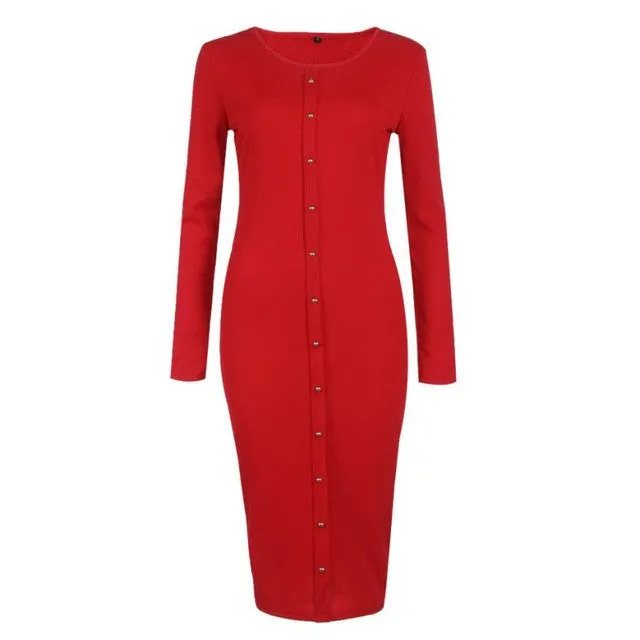 New Fashion  Women Long Sleeve Round Neck Knitted Button Bodycon Dress Women Clothing Vestidos SM6