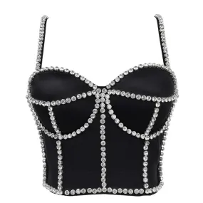 New In Rhinestone Top With Built In Bra Push Up Bralette Sleeveless Top Women Camis Off Shoulder Summer Sexy Nightclub Clothing