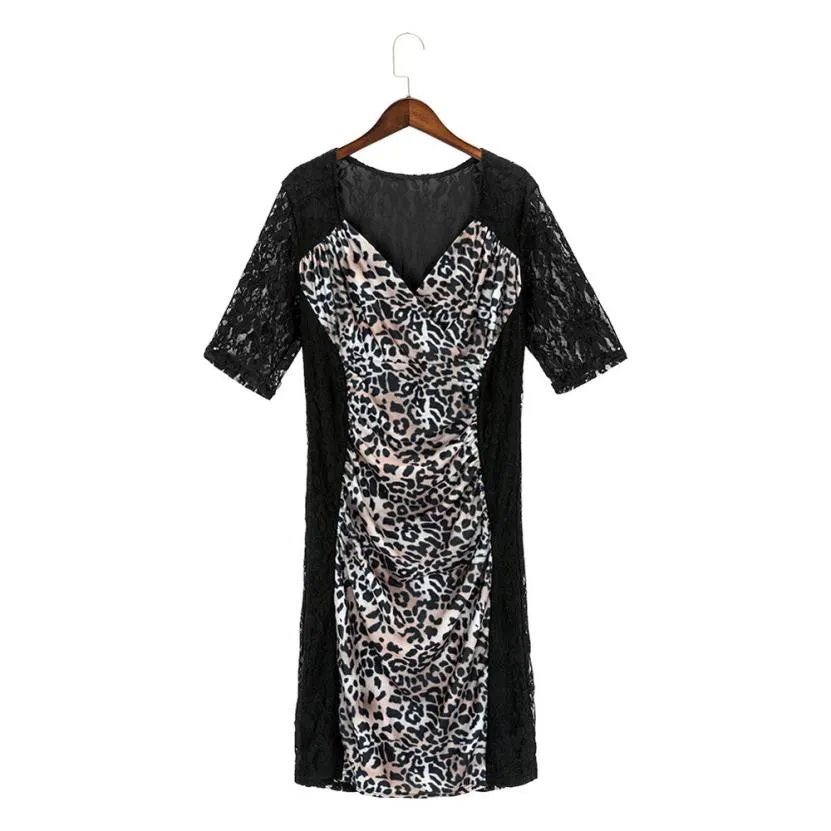 Plus Size Women Clothing Summer Leopard Half Sleeve Lace Stitching Hollow V-Neck Roupas Feminina#B707 SM6