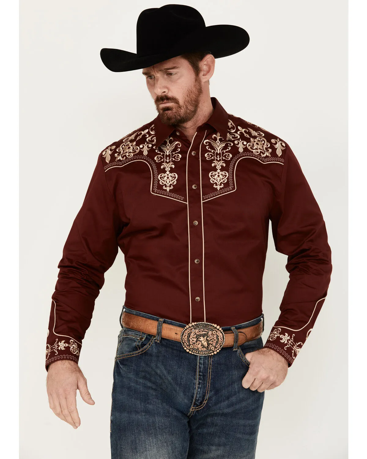 Product Name:  Rodeo Clothing Men's Embroidered Yoke Long Sleeve Pearl Snap Western Shirt