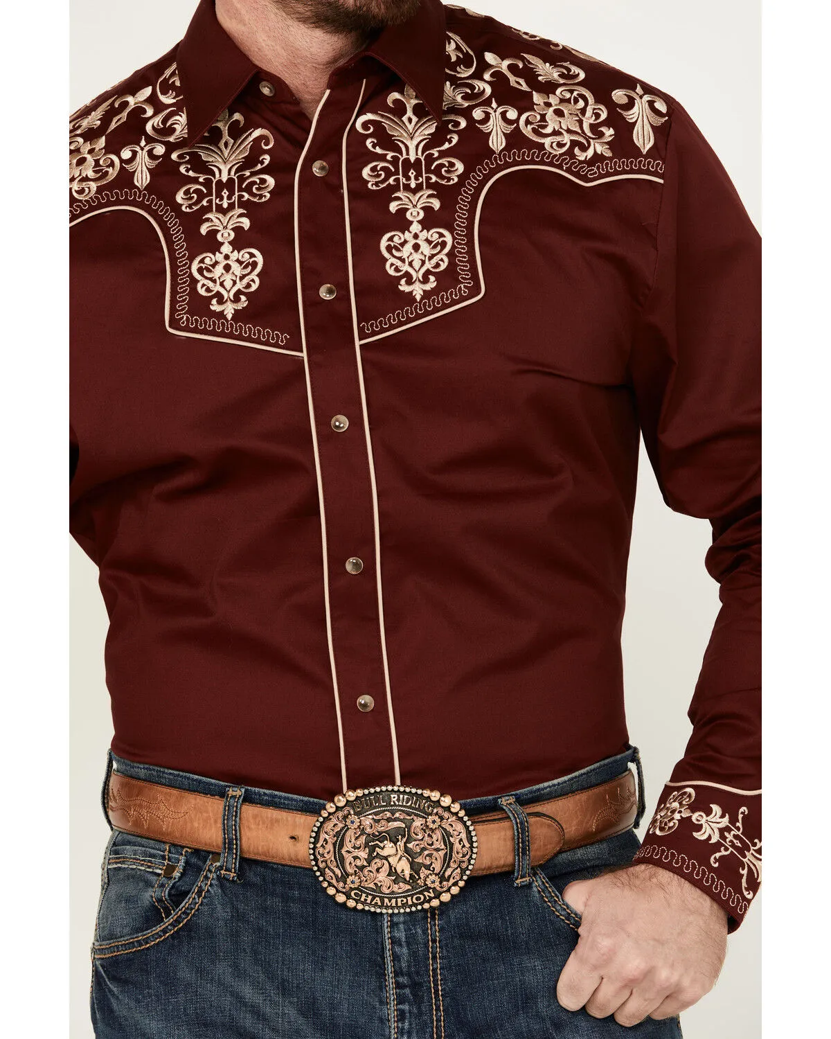 Product Name:  Rodeo Clothing Men's Embroidered Yoke Long Sleeve Pearl Snap Western Shirt