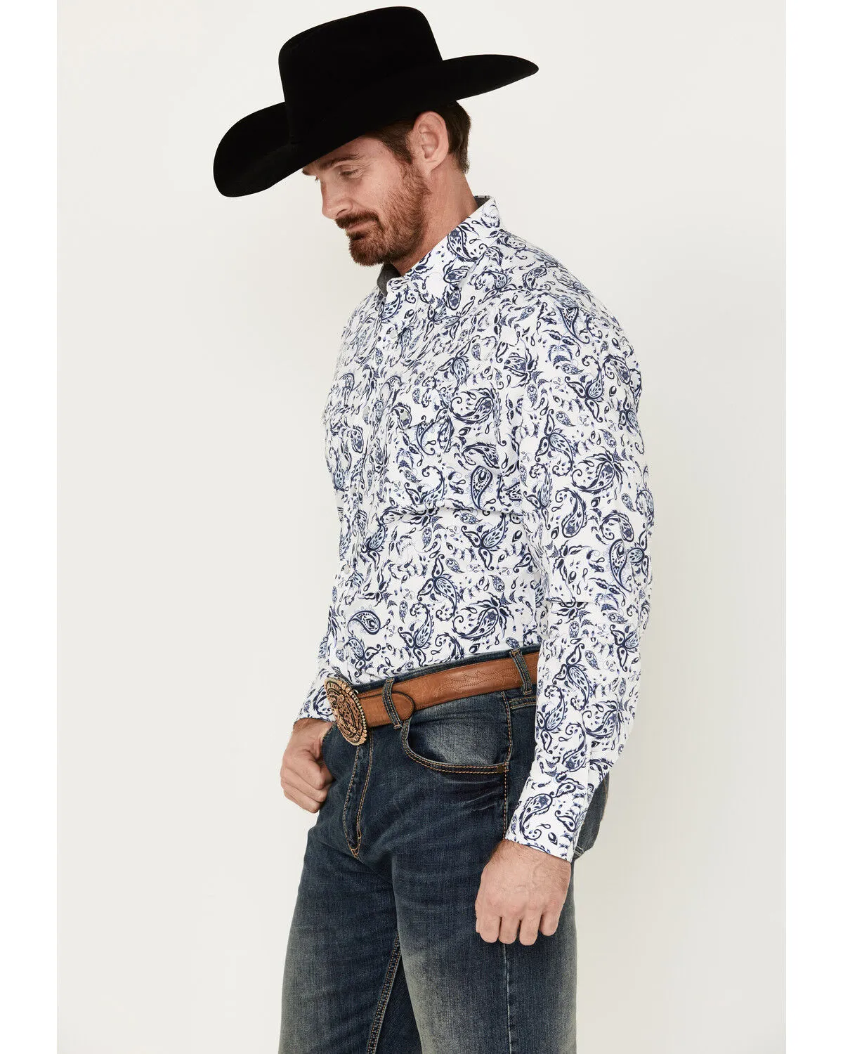 Product Name:  Rodeo Clothing Men's Floral Paisley Print Long Sleeve Pearl Snap Western Shirt