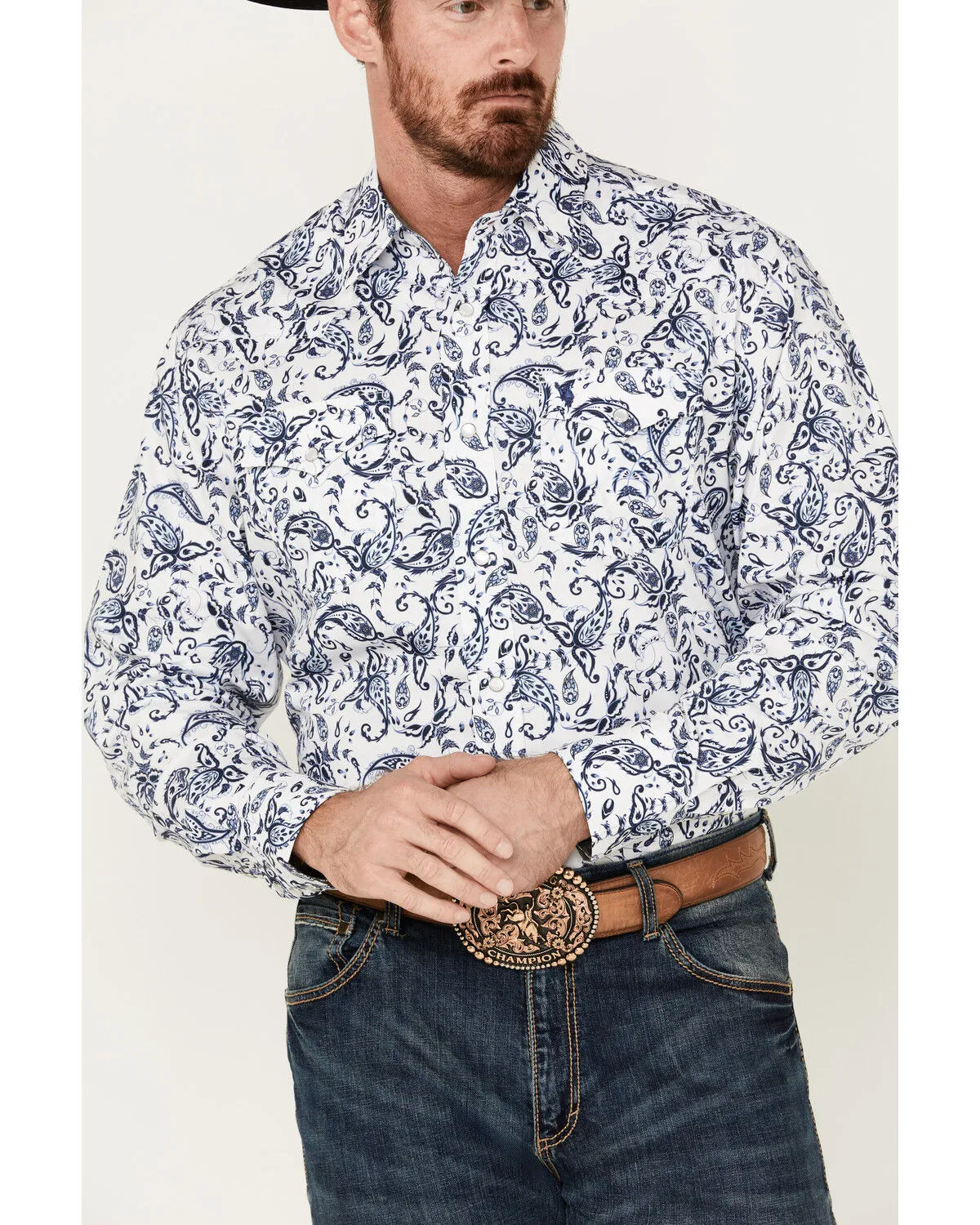 Product Name:  Rodeo Clothing Men's Floral Paisley Print Long Sleeve Pearl Snap Western Shirt