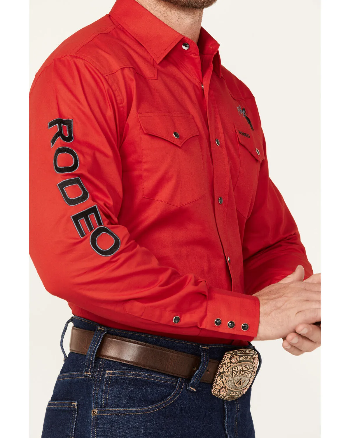 Product Name:  Rodeo Clothing Men's Horseshoe Embroidered Long Sleeve Snap Western Shirt