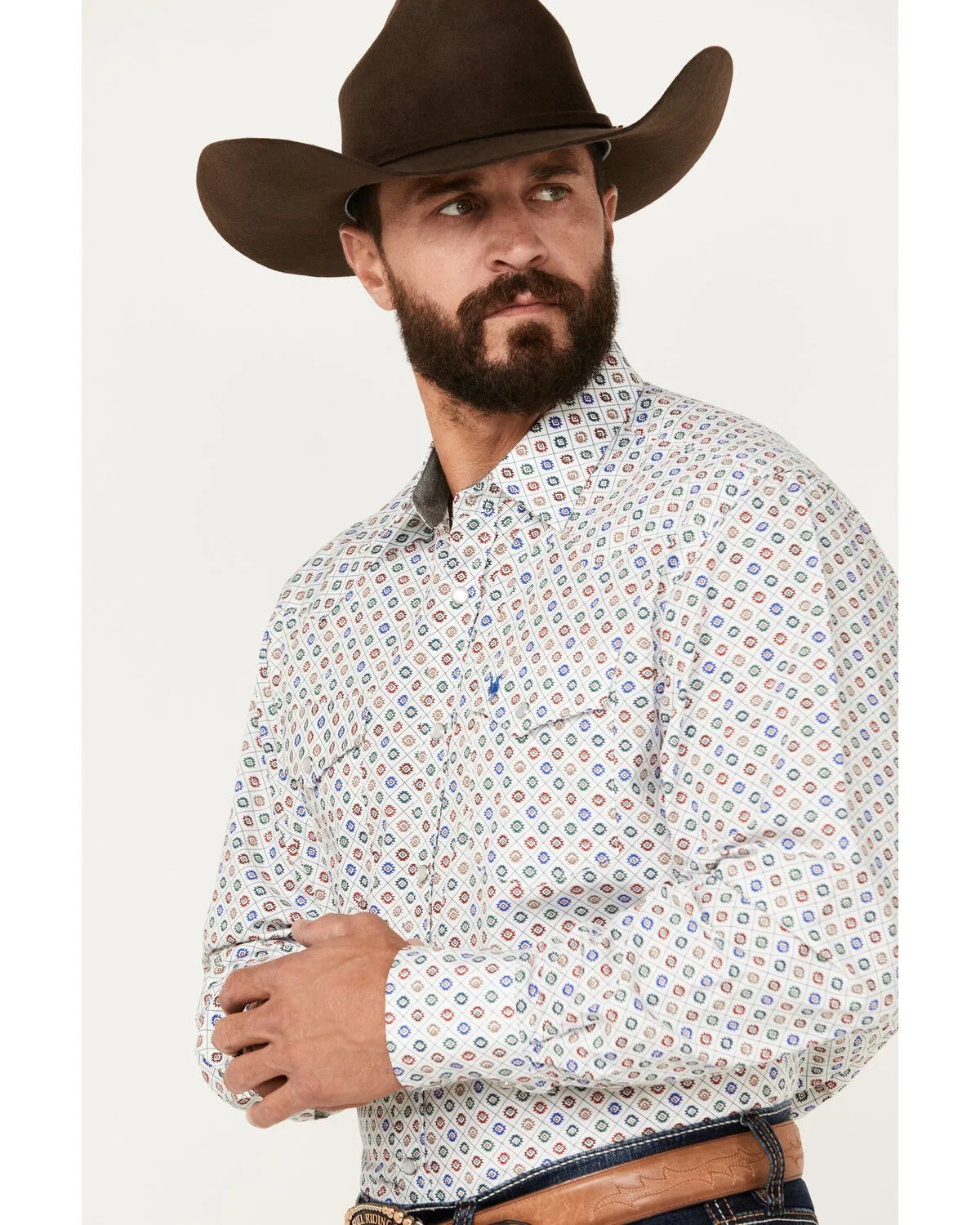 Product Name:  Rodeo Clothing Men's Southwestern Geo Print Long Sleeve Pearl Snap Western Shirt