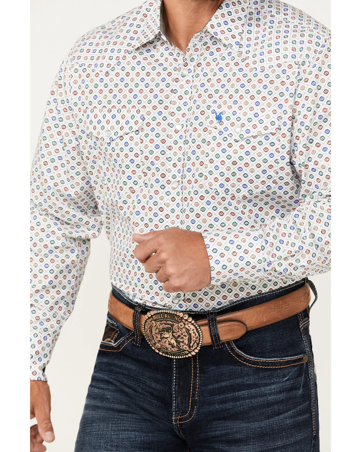 Product Name:  Rodeo Clothing Men's Southwestern Geo Print Long Sleeve Pearl Snap Western Shirt