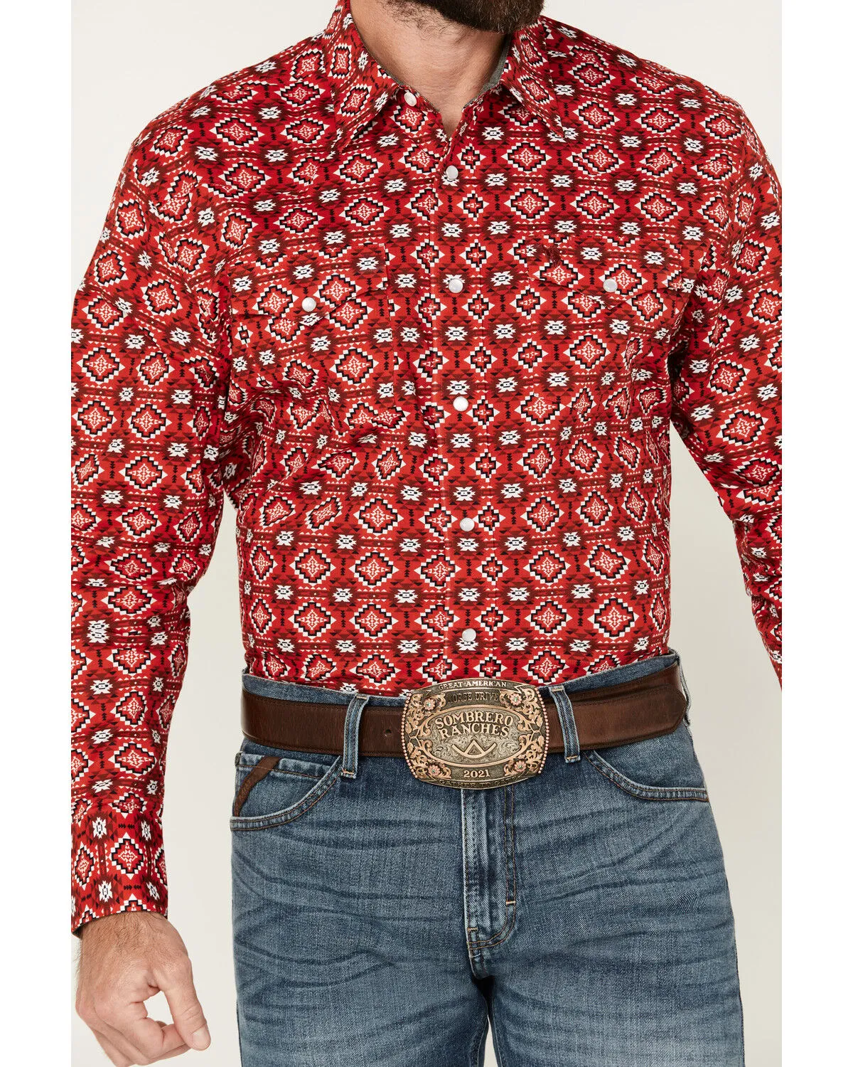 Product Name:  Rodeo Clothing Men's Southwestern Print Long Sleeve Pearl Snap Stretch Western Shirt