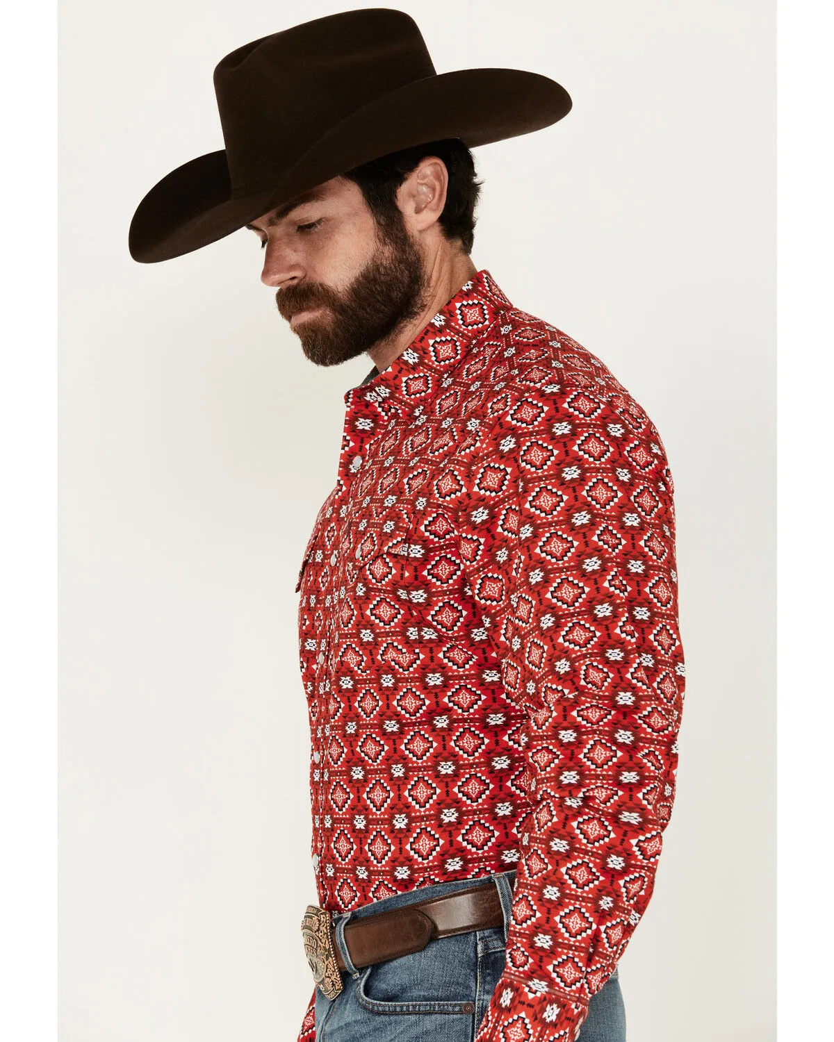 Product Name:  Rodeo Clothing Men's Southwestern Print Long Sleeve Pearl Snap Stretch Western Shirt