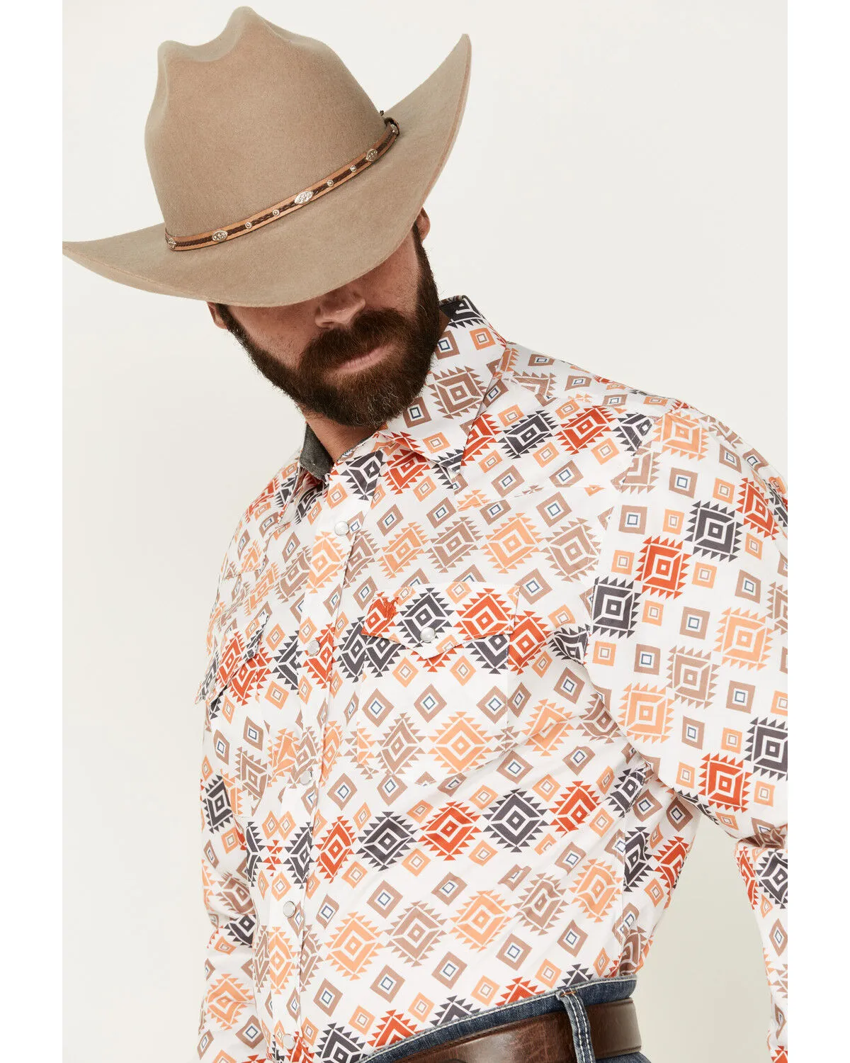 Product Name:  Rodeo Clothing Men's Southwestern Print Long Sleeve Pearl Snap Western Shirt