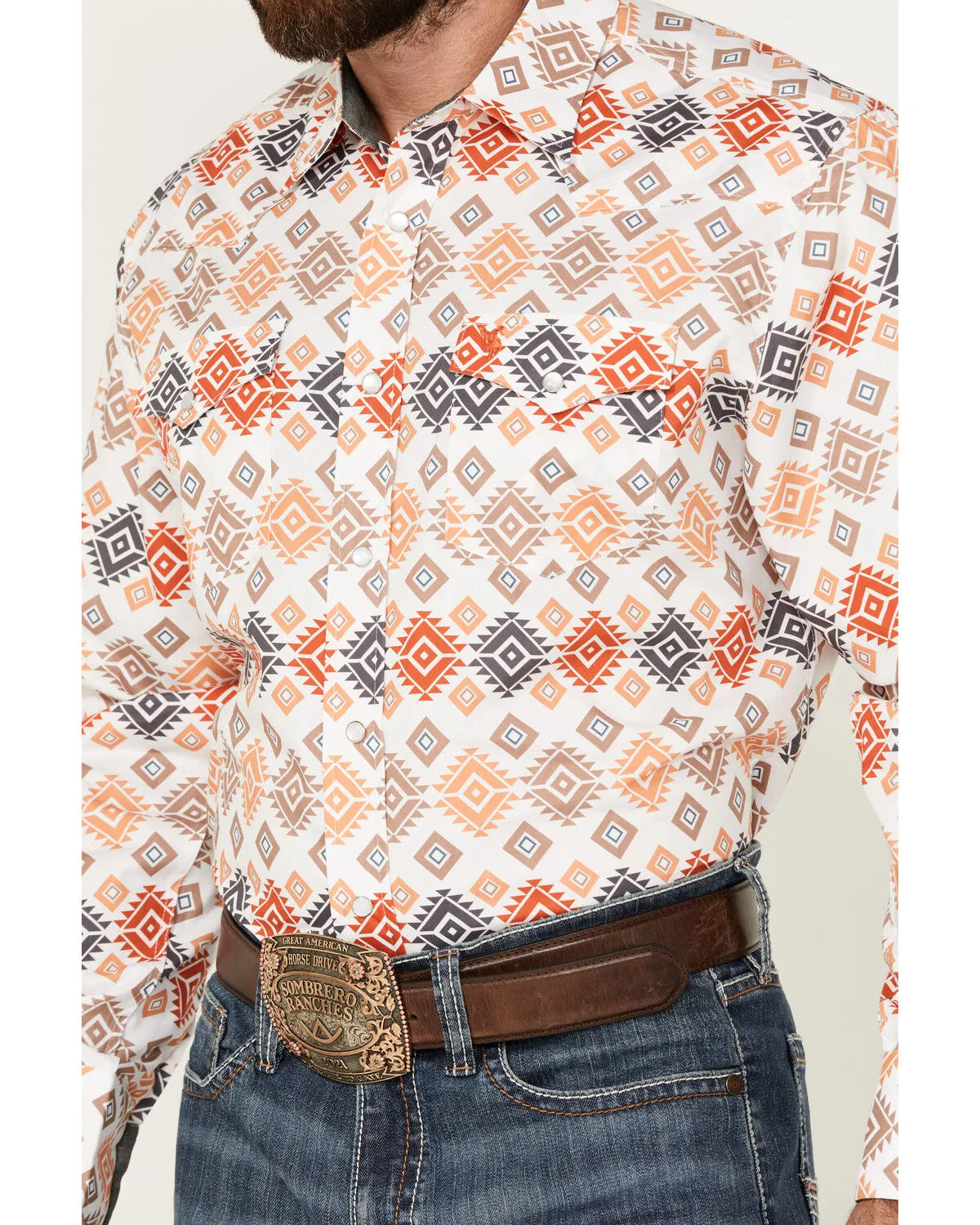 Product Name:  Rodeo Clothing Men's Southwestern Print Long Sleeve Pearl Snap Western Shirt