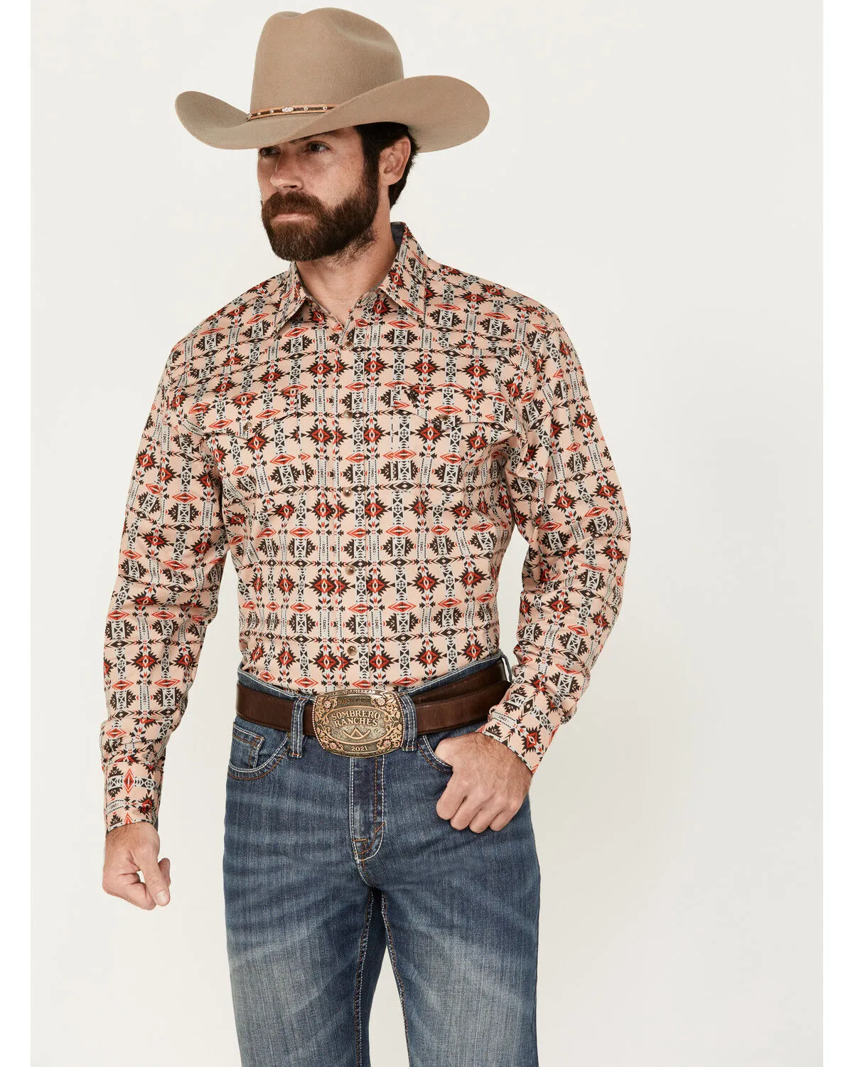 Product Name:  Rodeo Clothing Men's Southwestern Print Long Sleeve Snap Stretch Western Shirt