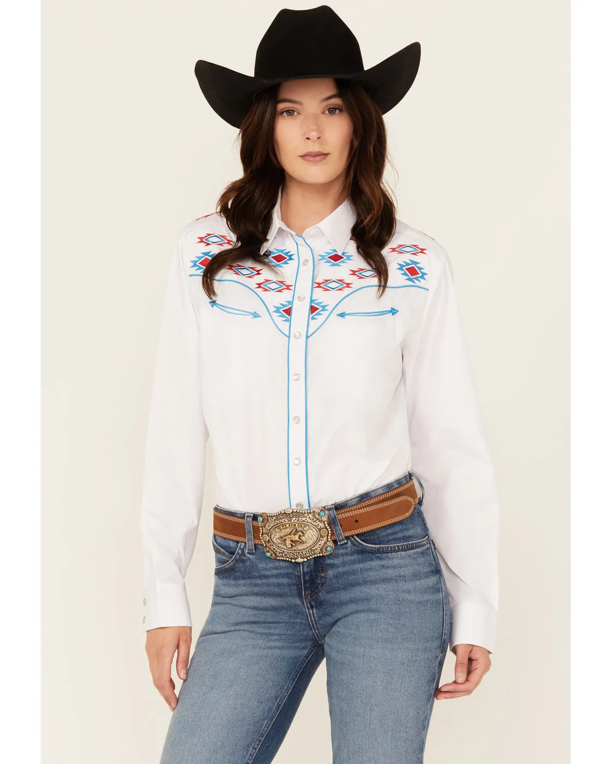 Product Name:  Rodeo Clothing Women's Southwestern Embroidered Long Sleeve Snap Western Shirt