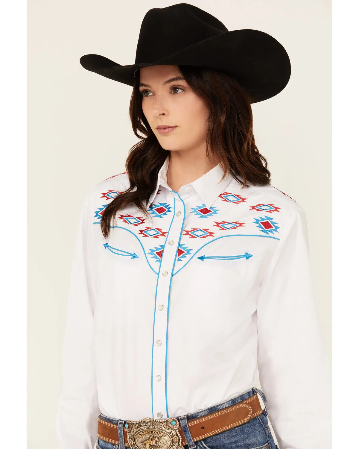 Product Name:  Rodeo Clothing Women's Southwestern Embroidered Long Sleeve Snap Western Shirt