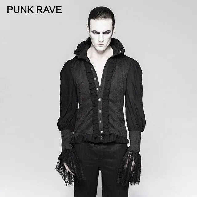 PUNK RAVE Gothic Dovetail Black Shirt Lace Puff Sleeves Brocade Swallow-tailed Men Shirts Halloween Party Christmas Clothing