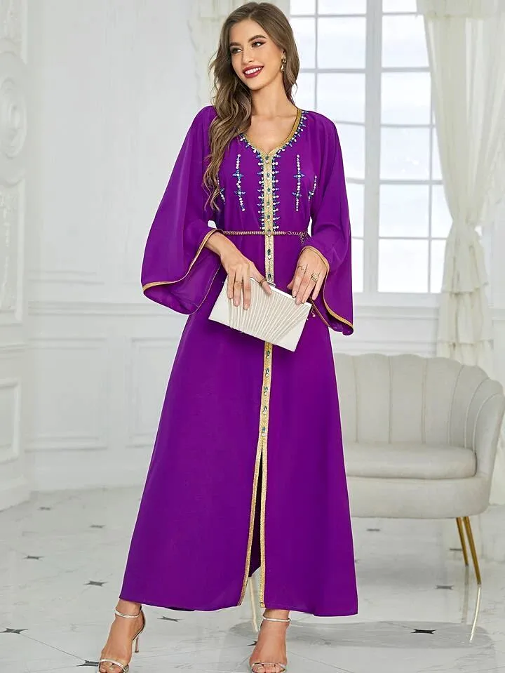 Rhinestone Embroidered Trim Slit Hem Belted Kaftan L X4502621