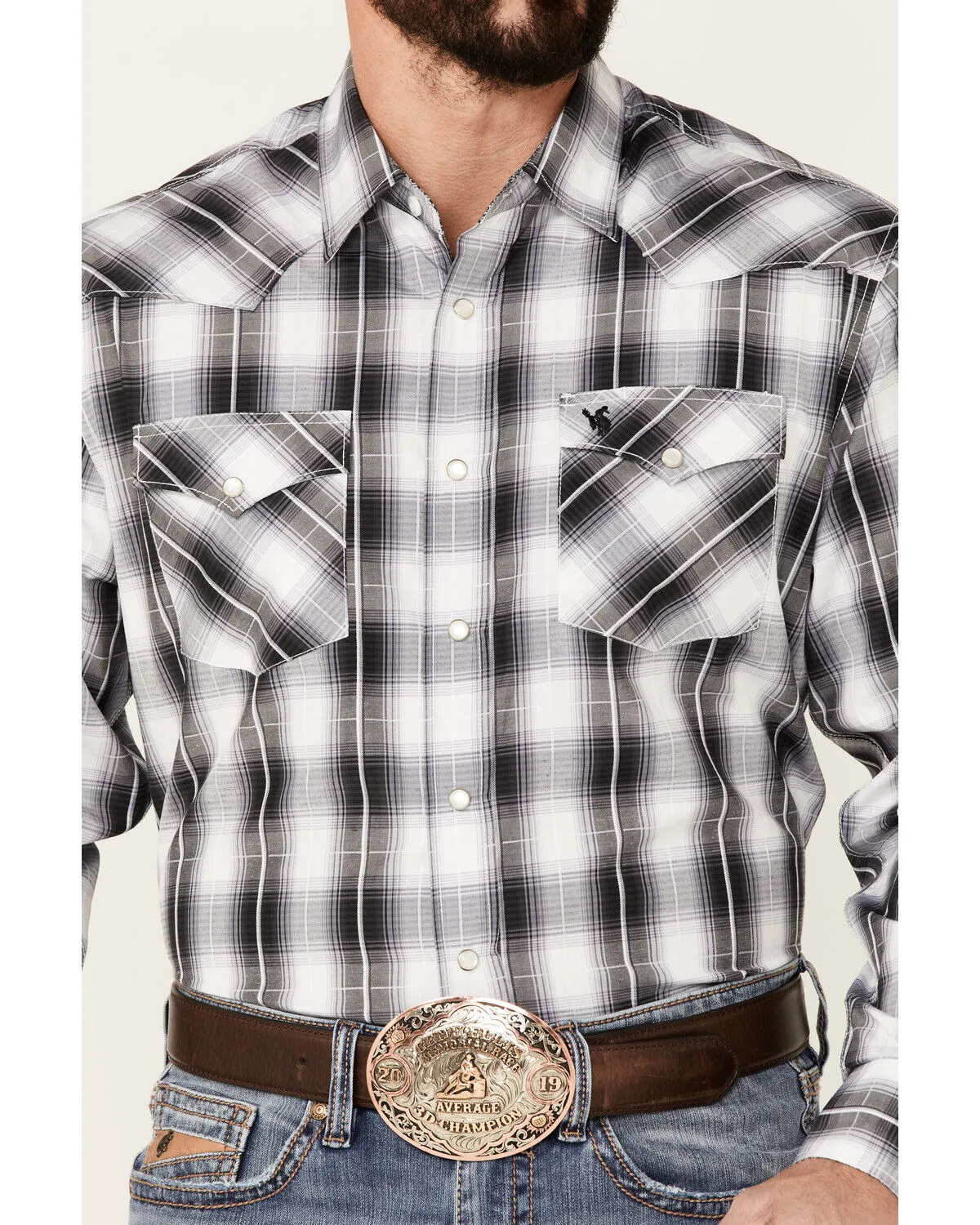 Rodeo Clothing Men's Back & White Large Dobby Plaid Long Sleeve Snap Western Shirt