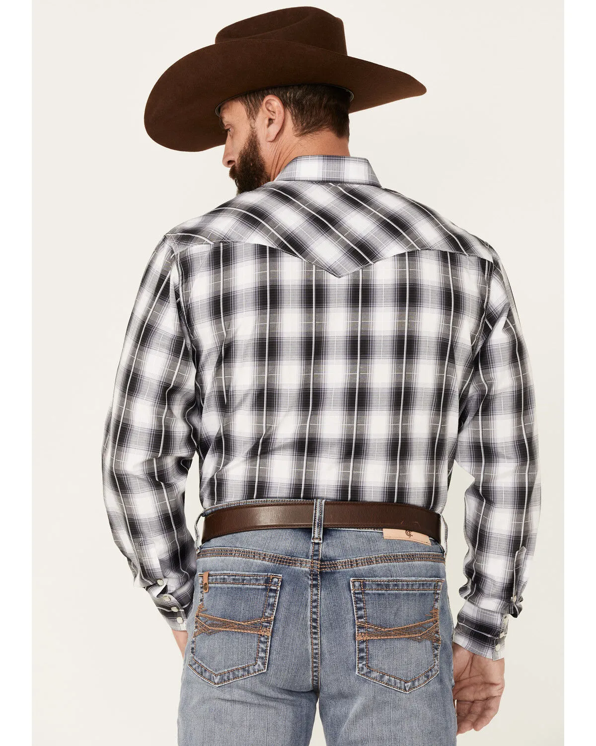 Rodeo Clothing Men's Back & White Large Dobby Plaid Long Sleeve Snap Western Shirt