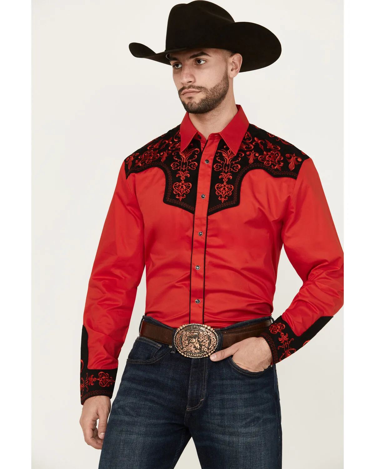 Rodeo Clothing Men's Embroidered Yoke Long Sleeve Pearl Snap Western Shirt