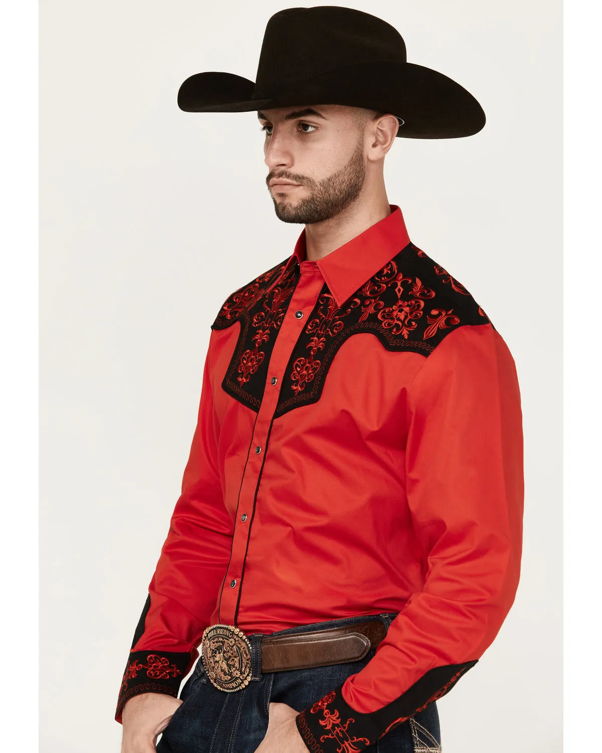 Rodeo Clothing Men's Embroidered Yoke Long Sleeve Pearl Snap Western Shirt